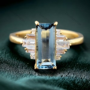 Baguette Aquamarine Diamond Engagement Ring, Antique Art Deco Ring 10K Solid Gold Elegant Ring Unique Wedding Ring Anniversary Gift For Wife