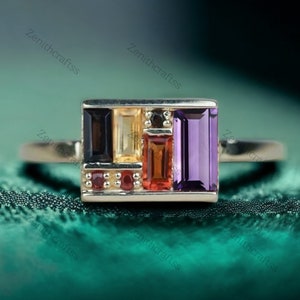 Unique Multi Gemstone Box Ring 14K Solid Gold Baguette Amethyst Statement Ring Antique Art Deco Engagement Ring Fine Jewelry Valentines Gift