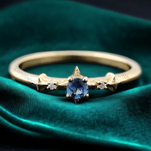 Dainty Vintage Tanzanite Ring, 10K Solid Gold Tanzanite Engagement Ring For Women, December Birthstone Promise Ring Star Design Diamond Ring