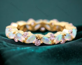 Vintage Opal Tourmaline Wedding Band, 10K Rose Gold Marquise Cut Band, Art Deco Full Eternity Band, Matching Stacking Ring, Anniversary Gift