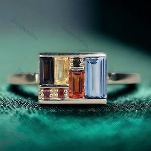 Unique Multi Gemstone Box Ring 14K Solid Gold Baguette Aquamarine Statement Ring Antique Art Deco Engagement Ring Valentines Jewelry Gift