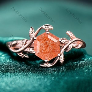 Vintage Natural Sunstone Ring, Solitaire Twig Sunstone Ring, Hexagon Cut Sunstone Branch Ring, 10K Rose Gold Engagement Ring, Gift Fir Women