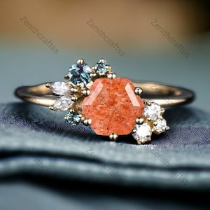 Hexagon Cut Sunstone Ring, Unique Cluster Engagement Ring, Alexandrite Diamond Cluster Ring For Women,18K Gold Vintage Ring, Gift For Girls