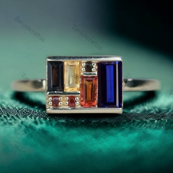 Unique Multi Gemstone Box Ring 14K Solid Gold Baguette Blue Sapphire Statement Ring Antique Art Deco Engagement Ring Valentines Jewelry Gift