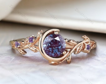 Anello di fidanzamento con alessandrite, anello di alessandrite con cambiamento di colore della stella lunare ispirato alla natura, anello di ametista in oro rosa vintage, regalo di anello celeste