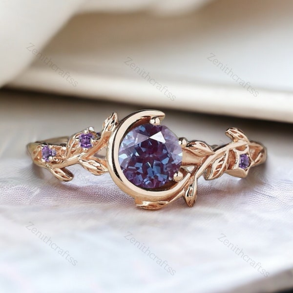 Anillo de compromiso de alejandrita, anillo de alejandrita de cambio de color de estrella lunar inspirado en la naturaleza, anillo de amatista de oro rosa vintage, regalo de anillo celestial