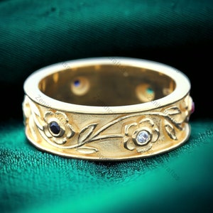 Wide Multi Gemstone Band Ring Thick Simple Ring Cigar Band Ring Sapphire Ruby Stacking Band 10K Solid Gold Flower Engraved Ring Gift For Her
