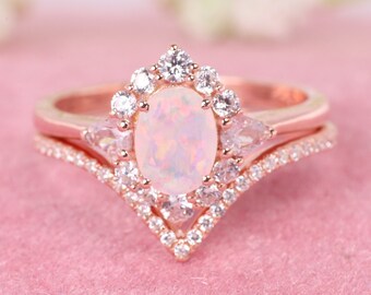 White Opal Diamond Halo Wedding Ring Set, 14K Rose Gold Bridal Set For Women, Art Deco Promise Ring Set, Engagement Jewelry, Proposal Gifts