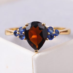 Pear Cut Red Garnet Engagement Ring, 10K Rose Gold Bridal Jewelry, Sapphire Cluster Ring, January Birthstone Jewelry Birthday Gift For Girls