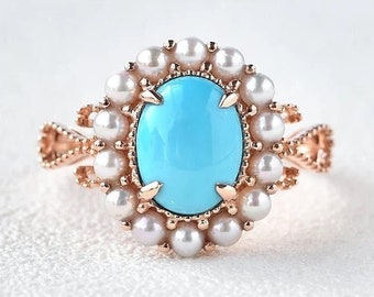 Vintage Turquoise Engagement Ring 10KRose Gold Freshwater Pearl Halo Ring Antique Art Deco Ring Women Fine Jewelry Anniversary Gift For Wife