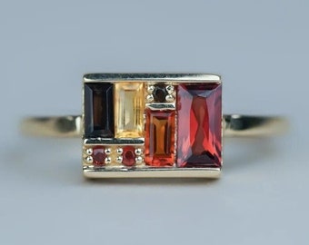 Unique Multi Gemstone Box Ring, 14K Solid Gold Baguette Garnet Statement Ring, Antique Art Deco Engagement Ring Fine Jewelry Valentines Gift