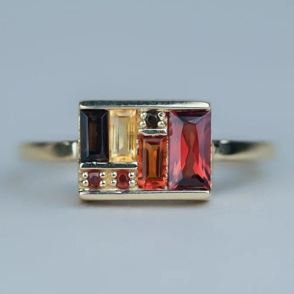 Unique Multi Gemstone Box Ring, 14K Solid Gold Baguette Garnet Statement Ring, Antique Art Deco Engagement Ring Fine Jewelry Valentines Gift