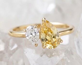 Toi et Moi Pear Yellow Sapphire & Diamond Engagement Ring, Custom Two Birthstone Solid Gold Ring, Vintage Anniversary Gift