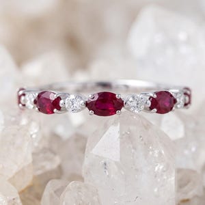 Ruby Wedding Band, Alternating Diamond Stacking Ring, Dainty July Birthstone Band, Solid Gold Ruby Eternity Ring, Anniversary Gift for Her