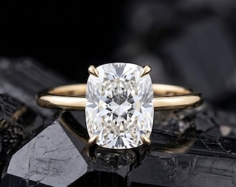 Cushion Cut Moissanite Engagement Ring, 14K Yellow Gold Solitaire Ring, Promise Ring, Wedding Anniversary Gift for Her