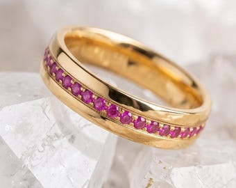 Channel Set Ruby Wedding Band, 14k Channel Set Pink Ring 2MM , Half Eternity Stackable Ring , Punk Ruby Wedding Ring , Gift for Fiance