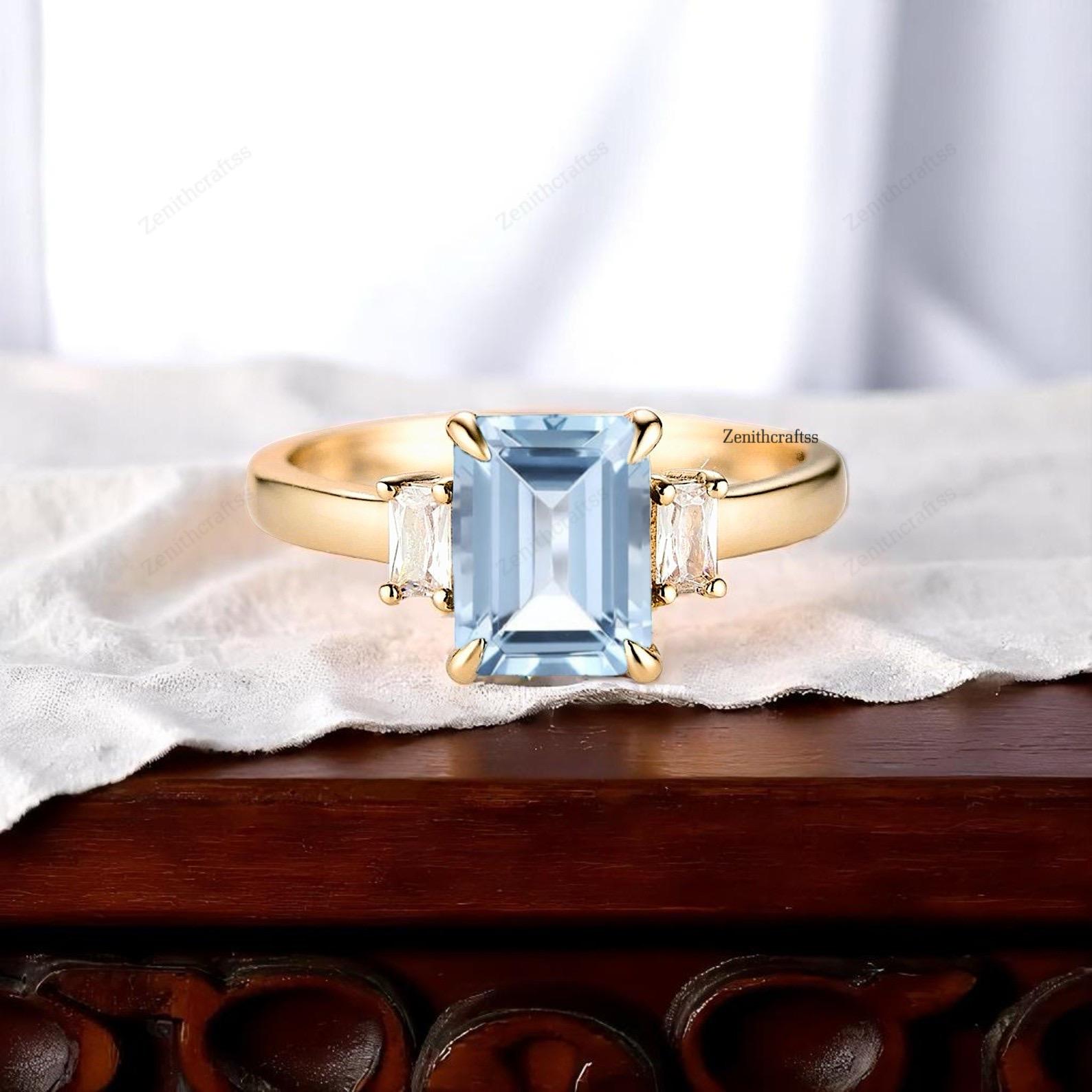 Aquamarine 14K Solid Gold Ring Engagement Ring For Women March Birthstone Ring Emerald Cut Aquamarine Ring Gift For Her Diamond Promise Ring