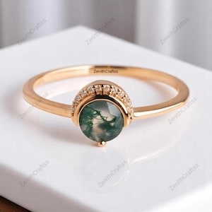 Round Cut Moss Agate Engagement Ring Personalized 14K Rose Gold Promise Ring, Diamond Nature Inspired Bridal Gift Best Jewelry Gifts For Her