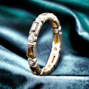 Baguette Citrine Wedding Band, 18K Solid Gold Full Eternity Stacking Band, November Birthstone Ring, Fine Women Jewelry, Gift For Girlfriend