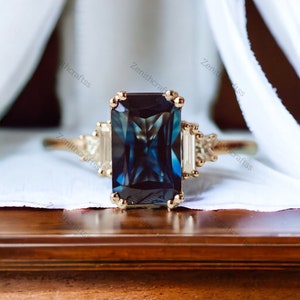 Sapphire Engagement Ring, Emerald Cut Sapphire Promise Ring, 10K Rose Gold Statement Ring, September Birthstone Jewelry, Anniversary Gifts
