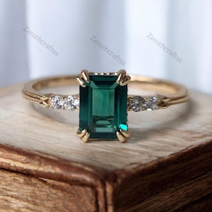 Solitaire Emerald Ring Solid 14K Gold Lab Green Emerald Center Engagement Ring Minimalist Style Anniversary Ring Promise Ring, Gift For Her