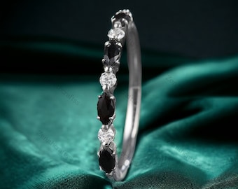 Vintage Black Onyx Engagement Ring, Marquise Cut Gems Art Deco Diamond Half Eternity Wedding Band Unique Stacking Bridal Promise Ring Gift