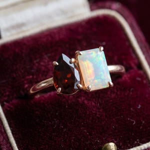 Opal and Garnet Toi et Moi Ring, Emerald Cut Opal & Pear Garnet Two Stone Ring, 18K Gold Unique Vintage Engagement Ring, Gift for Her