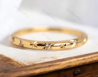 Diamond Minimal Star Pave Band, 18K Solid Gold Wedding Band, Celestial Gold Starburst Half Eternity Band, Stacking Bridal Band, Gift For Her