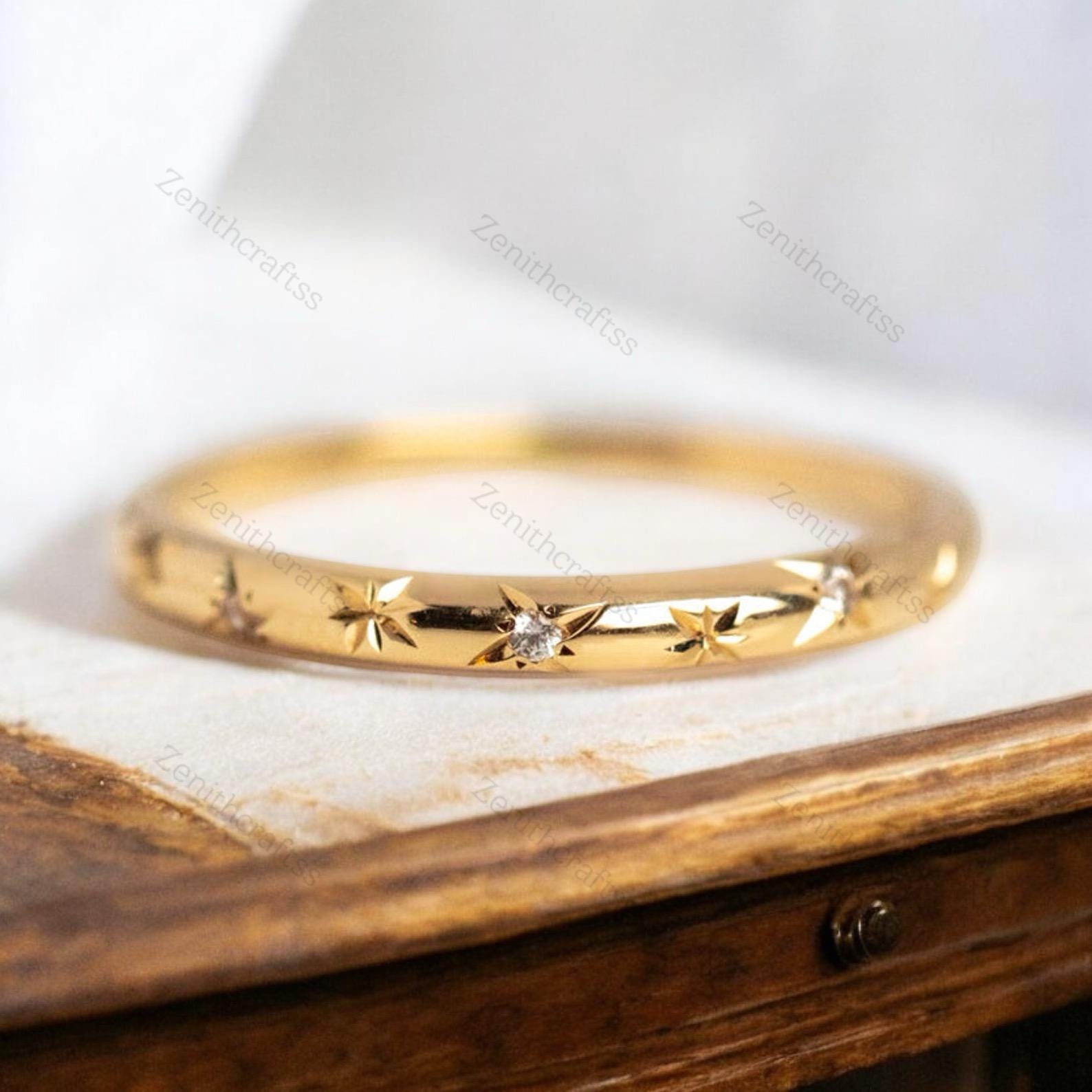 Diamond Minimal Star Pave Band, 18K Solid Gold Wedding Band, Celestial Gold Starburst Half Eternity Band, Stacking Bridal Band, Gift For Her