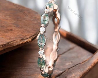 Marquise Moss Agate Wedding Band, Rose Gold Matching Stacking Diamond Wedding Ring Band, 10K Gold Fine Jewelry Anniversary Ring Gift For Her