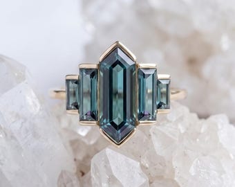 Hexagon Alexandrite Engagement Ring, Art Deco Baguette Cut Ring, 5 Stone Color Change Purple Gemstone, Geometric Anniversary Ring