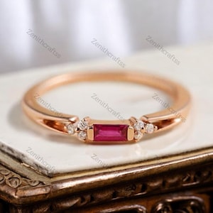 Dainty Simple Ruby Ring Baguette Cut Minimalist Ruby Ring Delicate Bridal Thin Band Ring 18K Rose Gold Wedding Ring Christmas Gift For Girls
