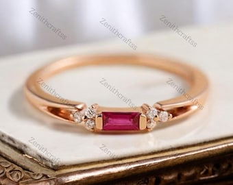 Dainty Simple Ruby Ring Baguette Cut Minimalist Ruby Ring Delicate Bridal Thin Band Ring 18K Rose Gold Wedding Ring Christmas Gift For Girls