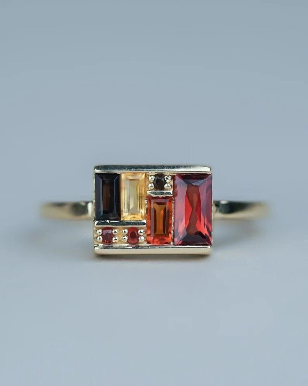 Unique Multi Gemstone Box Ring, 14K Solid Gold Baguette Garnet Statement Ring, Antique Art Deco Engagement Ring Fine Jewelry Valentines Gift