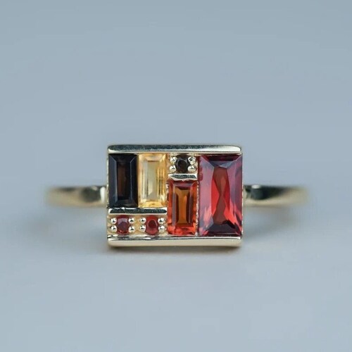 Unique Multi Gemstone Box Ring, 14K Solid Gold Baguette Garnet Statement Ring, Antique Art Deco Engagement Ring Fine Jewelry Valentines Gift