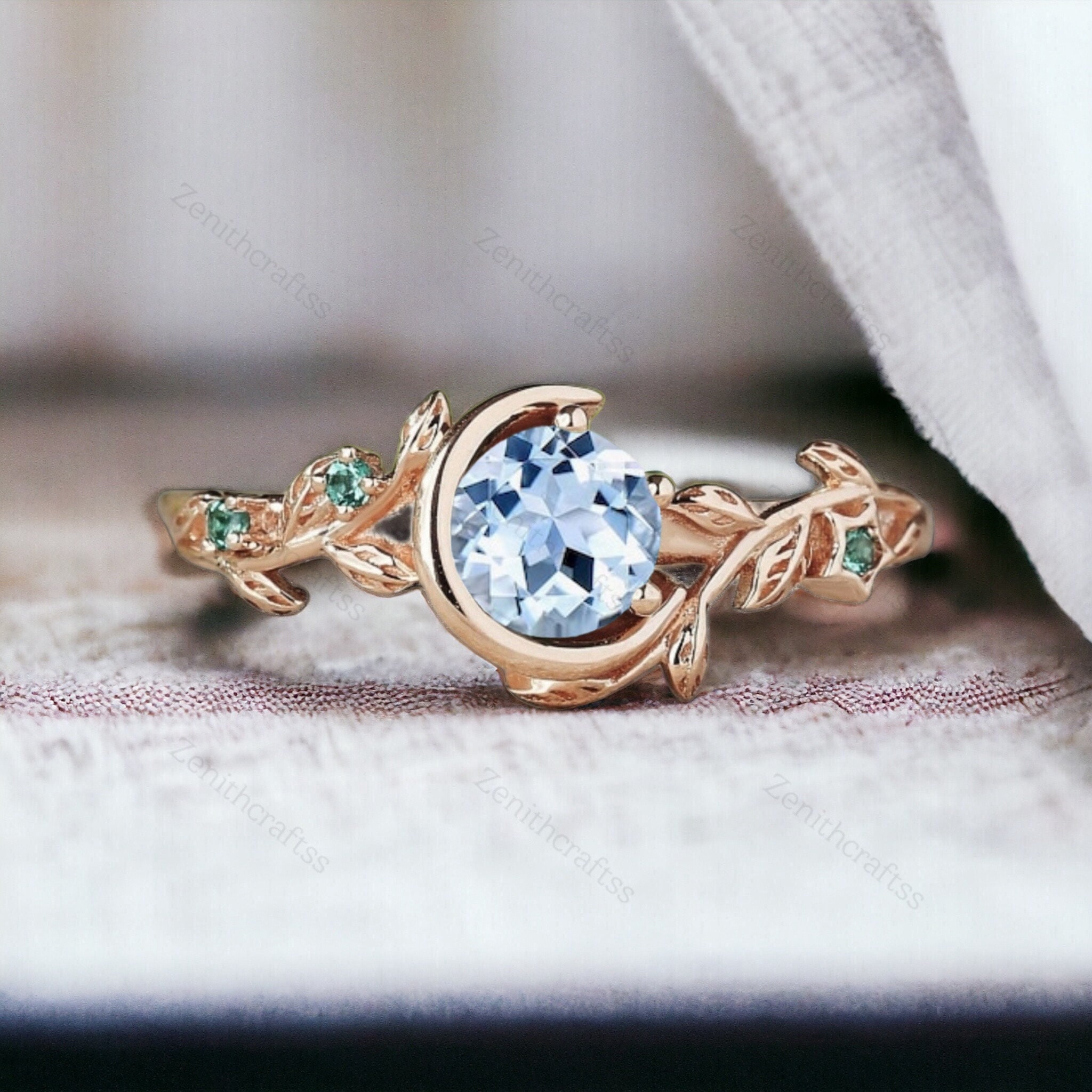 Natural Inspired Aquamarine Engagement Ring Moon Design Rose Gold Solitaire Leaf Wedding Ring Unique Anniversary Gifts Green Gems Jewelry