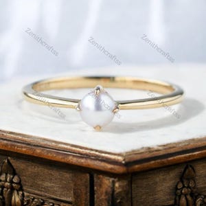 Dainty Freshwater Pearl Ring Minimalist Delicate Bridal Ring 10K Yellow Gold Solitaire Ring Simple Promise Ring June Birthstone Gift For Her