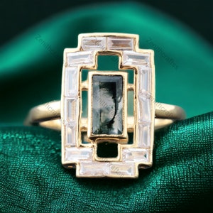Anillo de ágata musgosa natural, anillo de ágata musgosa de corte baguette, anillo apilable delicado de oro y plata, anillo de aniversario de promesa para mujer, regalo de Navidad