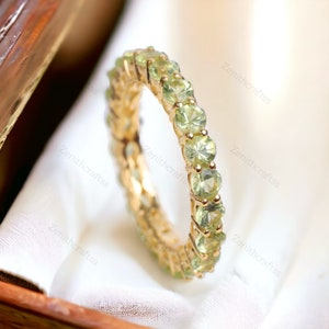 Green Peridot Full Eternity Band, 10K Solid Gold Stacking Wedding Band, August Birthstone Matching Band, Unique Promise Band, Gift For Girls
