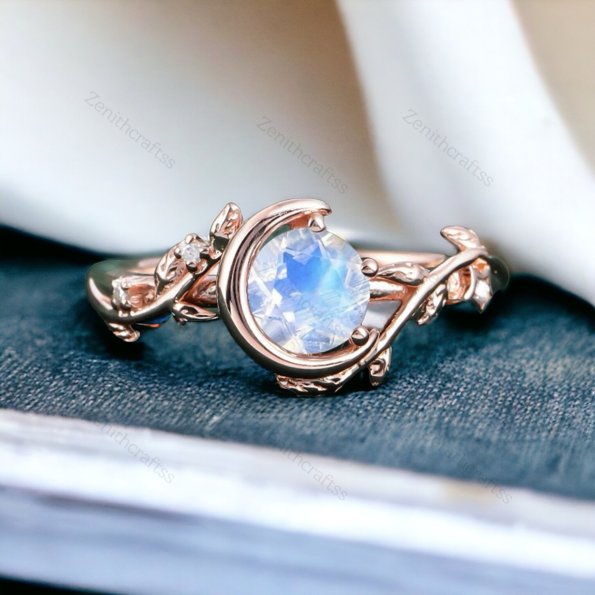 Crescent Moon Ring, Rainbow Moonstone Engagement Ring, 14K Rose Gold Wedding Ring For Women, Branch Leaf Twig Ring, Valentines Gift For Her