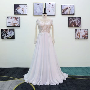 A-Line Chiffon Lace Wedding Dress: Long Sleeve Sweetheart Neck