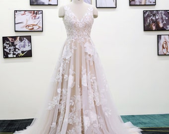 Exquisite A-line deep V neckline tulle lace wedding dress, 3D lace wedding dress, deep champagne lining, large train tail