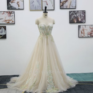 Unique Colorful 3D Lace Wedding Dresses, Garden Wedding Dresses, Sweetheart Neck Wedding Dresses, A-Line Wedding Dresses
