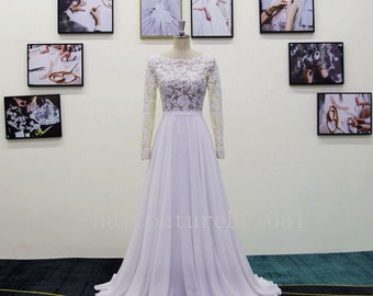 Romantic A-line chiffon lace wedding dress,boho dress,Sweetheart Neck Lining, Back V Neck, Long Sleeves Wedding Dress