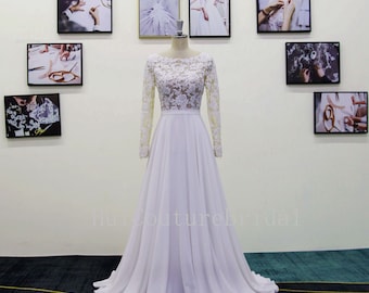 Romantic Lace Chiffon A-Line Wedding Dress: Long Sleeves Boho Bridal Gown