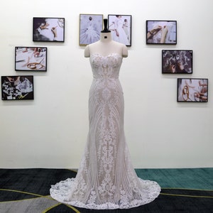 Sweetheart Neck Champagne/Tan Lined Wedding Dress Delicate Fit and Flare 3D Tulle Lace Wedding Dress, Formal Wedding Dress
