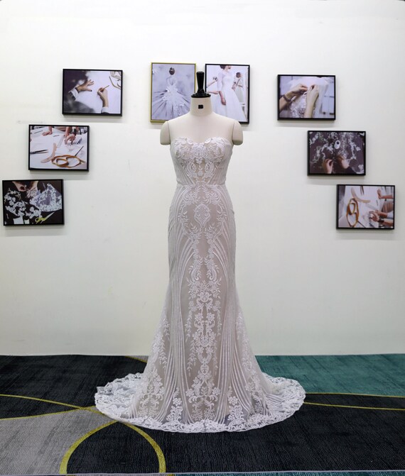 Sweetheart Champagne Wedding Dress: 3D Tulle Lace, Fit and Flare - Etsy Sweetheart Champagne Wedding Dress: 3D Tulle Lace, Fit and Flare - Etsy