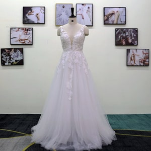 Gorgeous deep V neckline wedding dress, A-line deep V tulle lace wedding gown,Heavy Beaded Sequin Embroidered Lace Wedding Dress