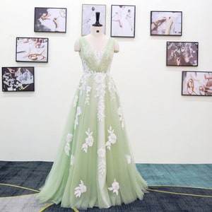 Sage Green wedding dress Romantic style light wedding dress Custom Wedding Dresses Lace wedding dress  flowy sexy wedding dress