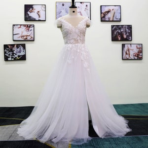 Exquisite off Shoulder Sleeves Wedding Dress, Lace Wedding Dress with Illusion Neckline, A-Line Tulle Slit dress Wedding Dress